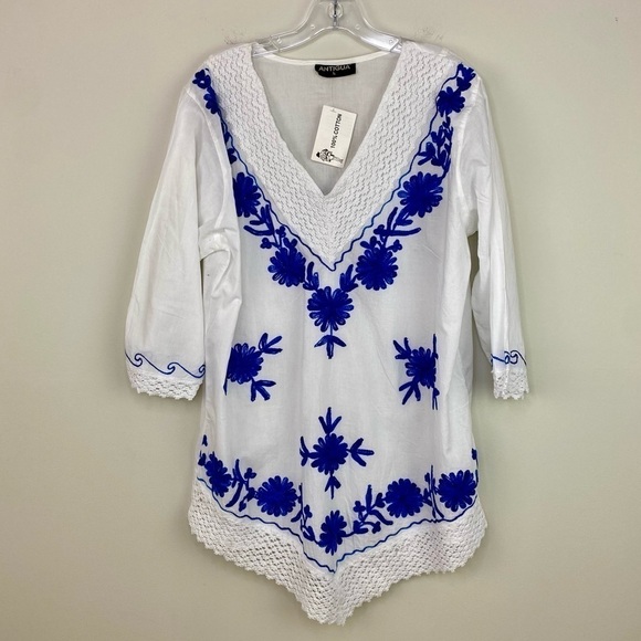 Antigua White blue embroidered swim cover up or tunic top size L - Picture 1 of 11
